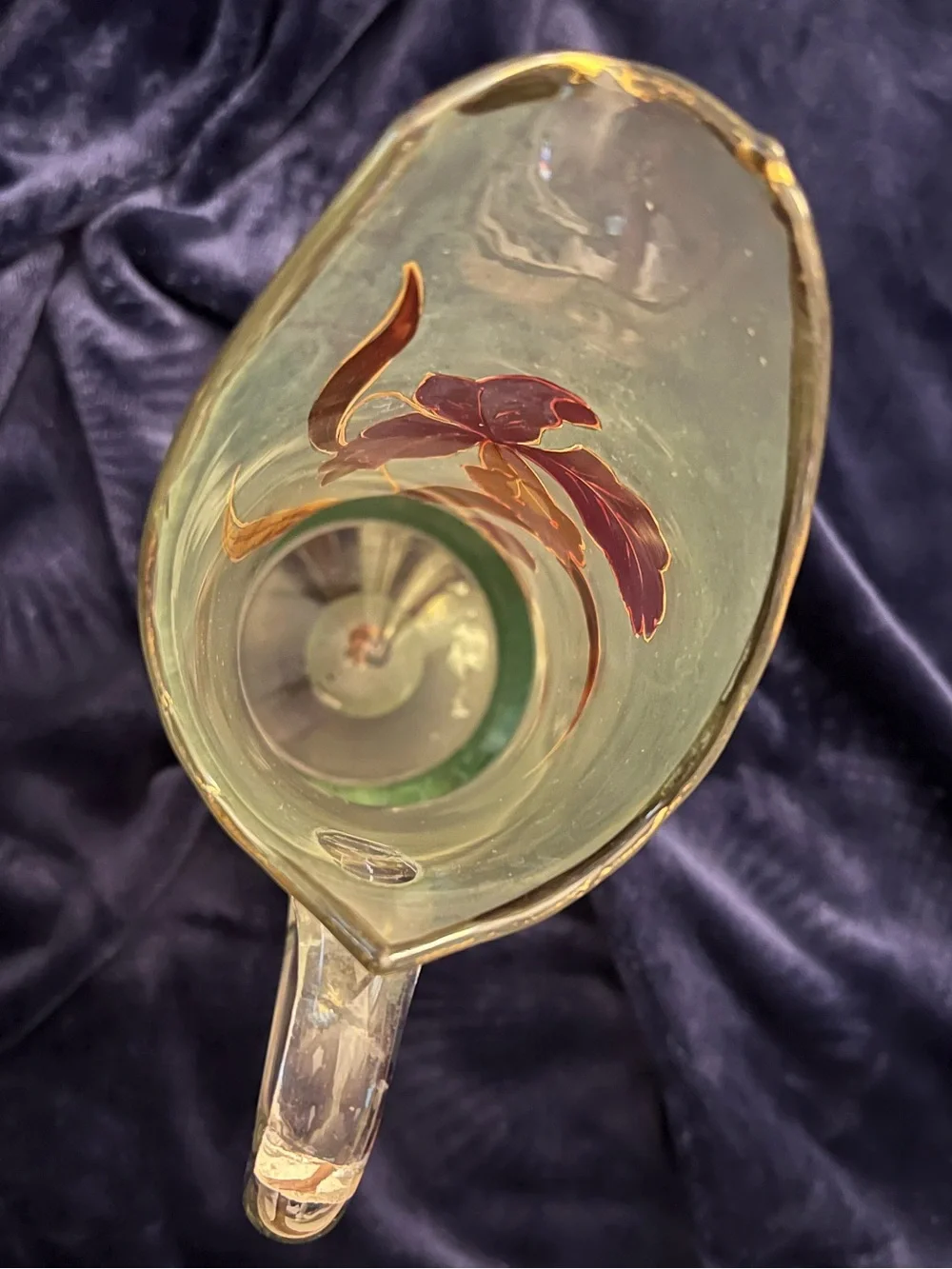 Art Nouveau vase by François-Théodore Legras w/purple irises and gold leaves.